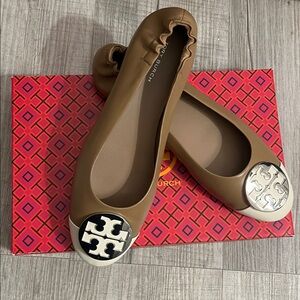 Tory Burch Tan Flats with Silver Logo